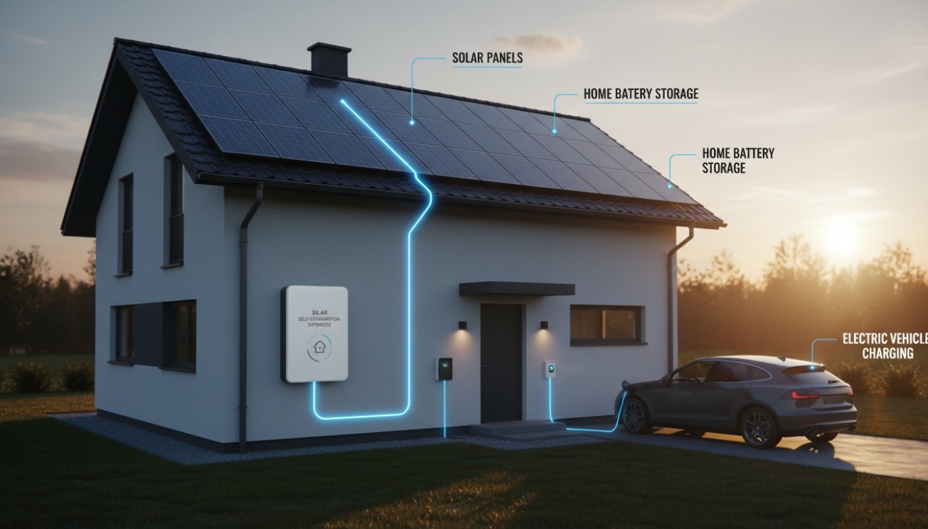 Residential PV modules with home battery storage and electric vehicle charging showing a complete solar-plus-storage home energy system